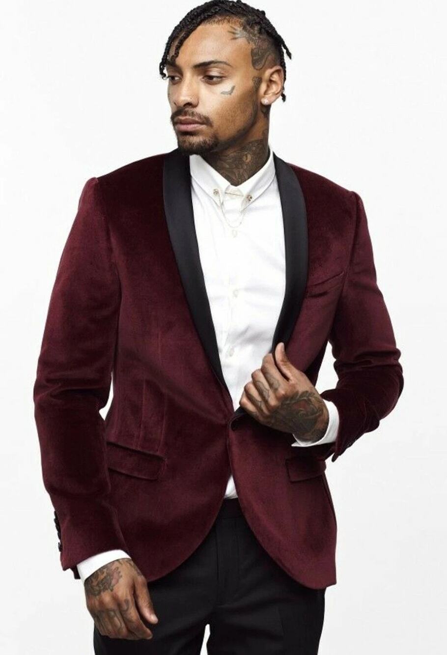 Burgundy Velvet Smoking Jacket Mens XL One Button Wedding Guest Cocktail Attire